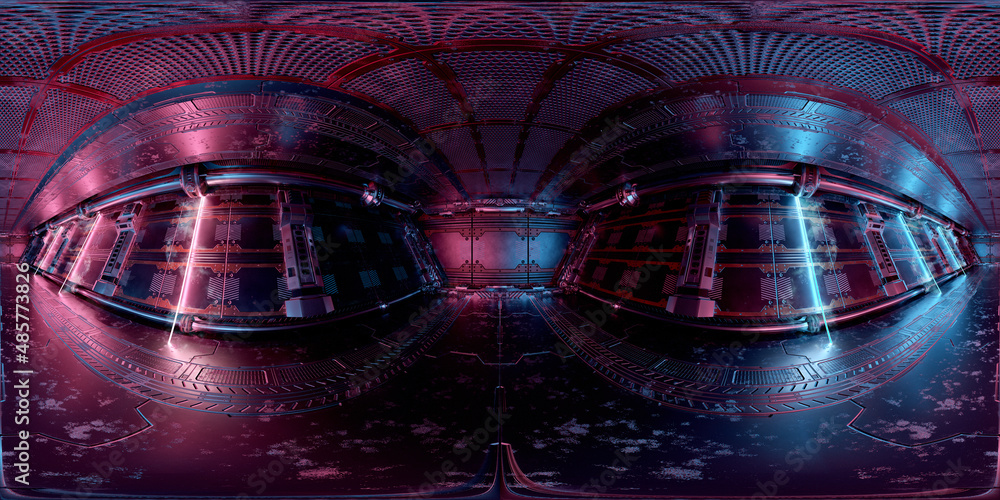 深蓝色粉红色飞船内部的HDRI全景图。高分辨率360度全景反射