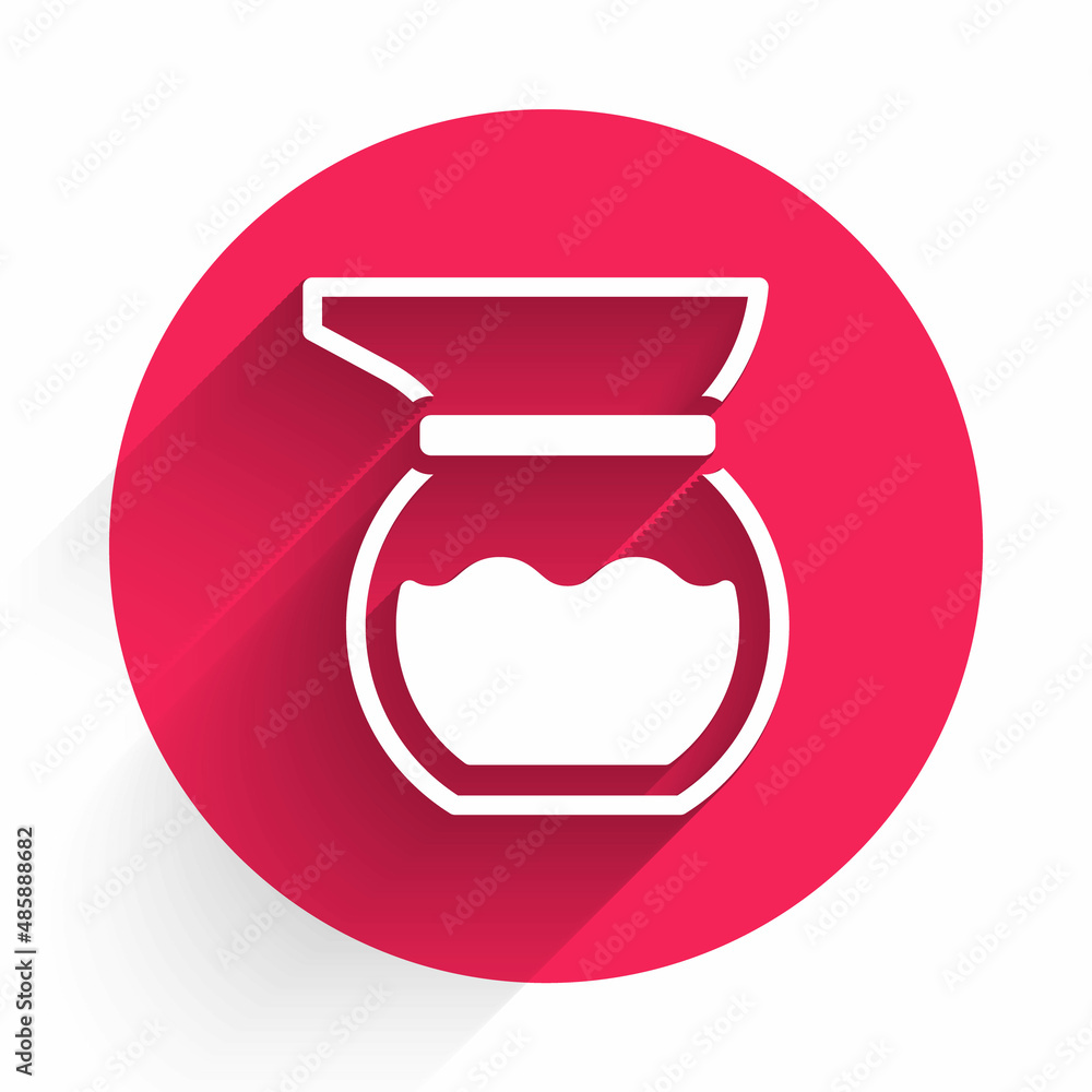 White Teapot icon isolated with long shadow background. Red circle button. Vector