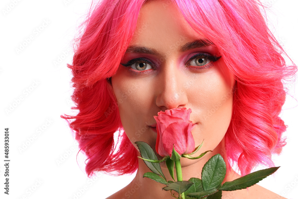 Stylish woman with bright hair and rose flower on white background, closeup