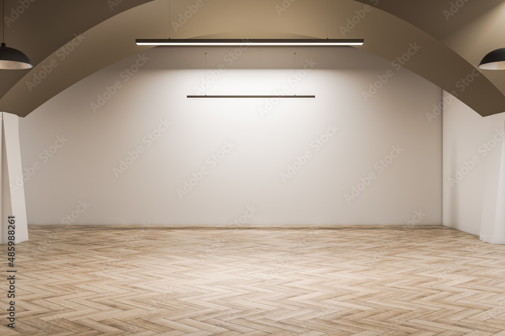明亮的展厅内部，混凝土墙和木地板，空白的实体模型。画廊