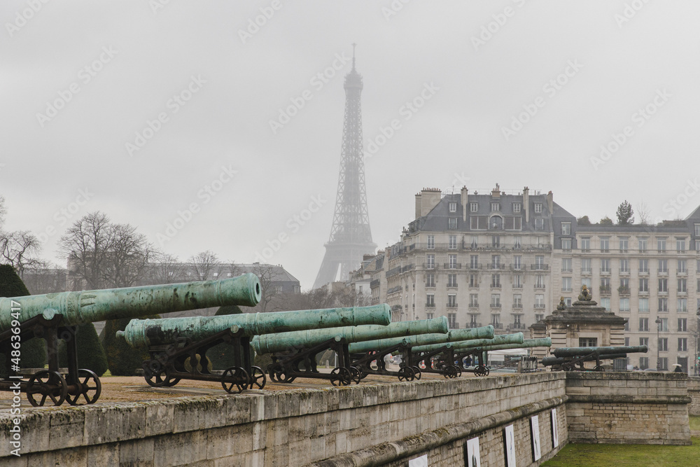 Invalides Garden with cannons view Eiffel tower