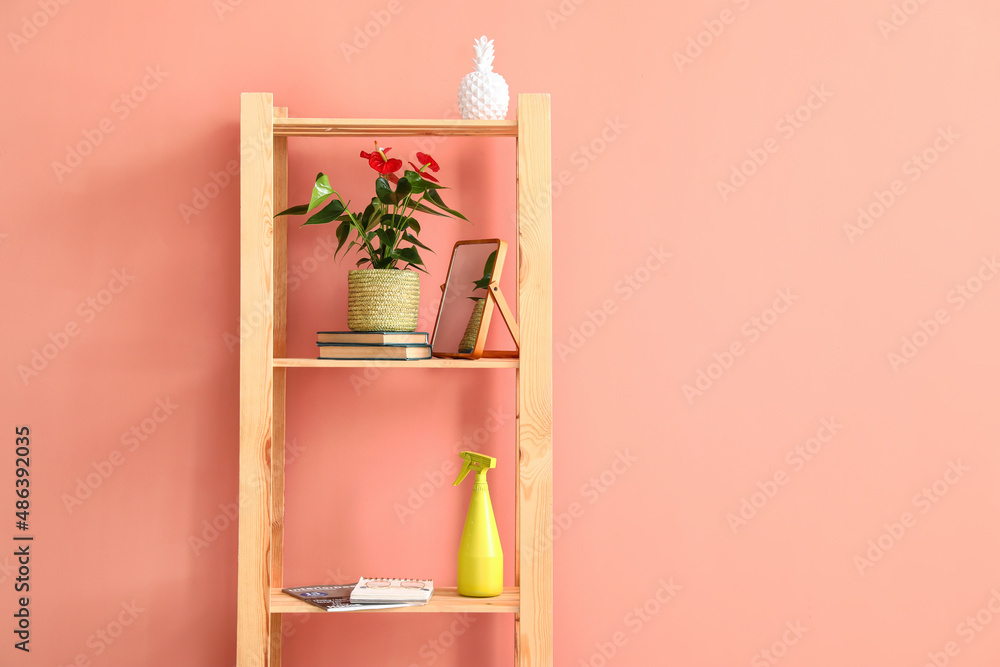 Shelf unit with Anthurium flower, decor and books on color background