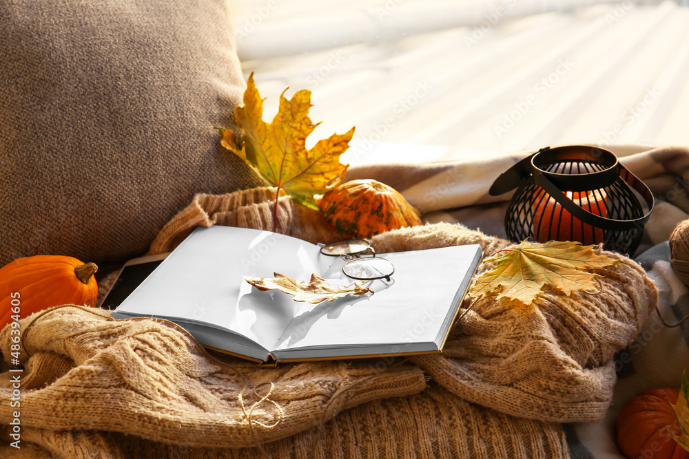 房间里格子布上的书、眼镜和秋季装饰