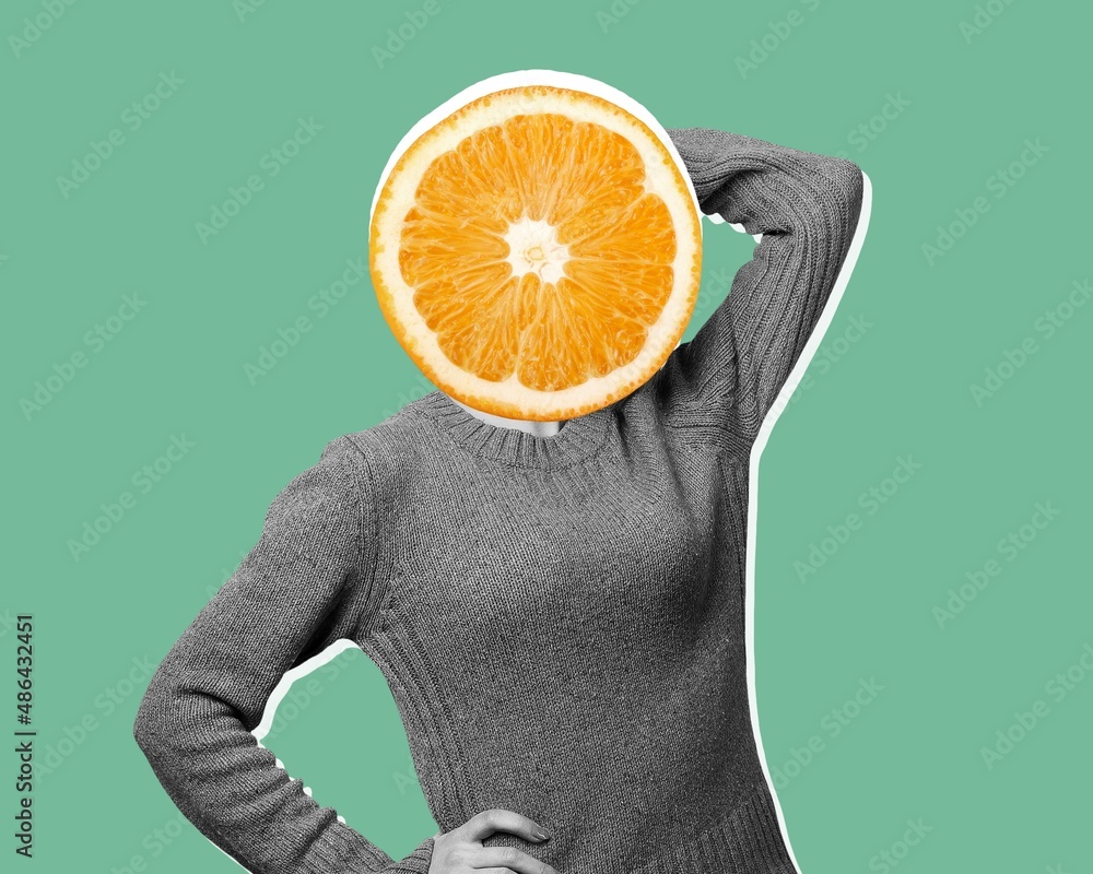 Citrus health care. Contemporary art collage of woman with lemon slice head. Concept of art