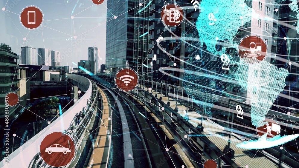 Smart transport technology concept for future car traffic on newish city road . Virtual intelligent 