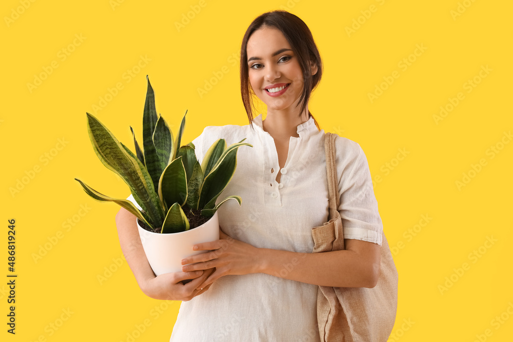 黄色背景带室内植物和环保袋的年轻女性