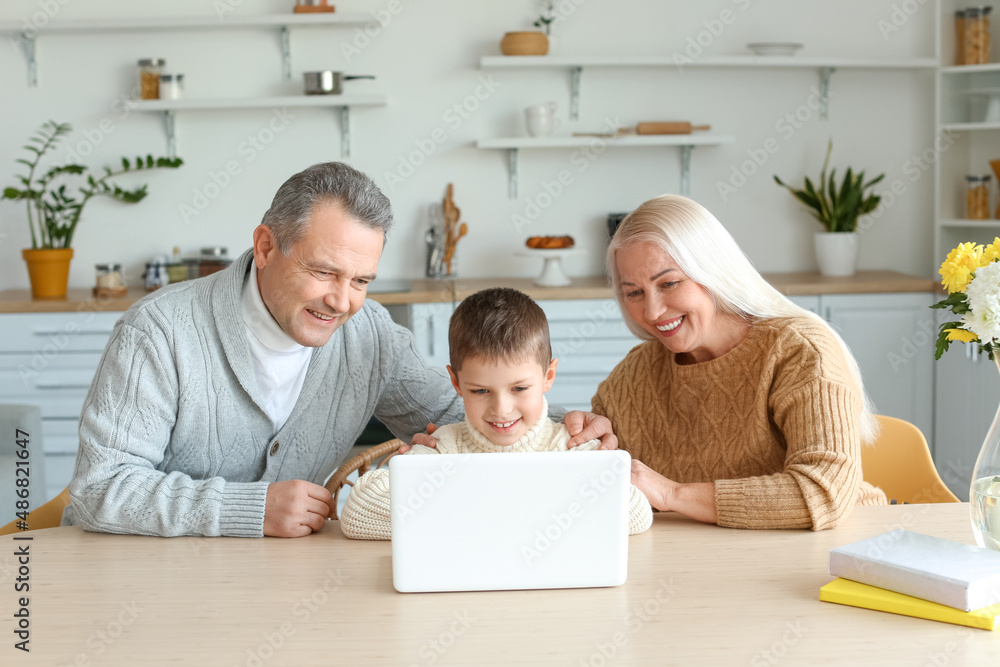 小男孩和爷爷奶奶穿着暖和的毛衣，在家里用笔记本电脑