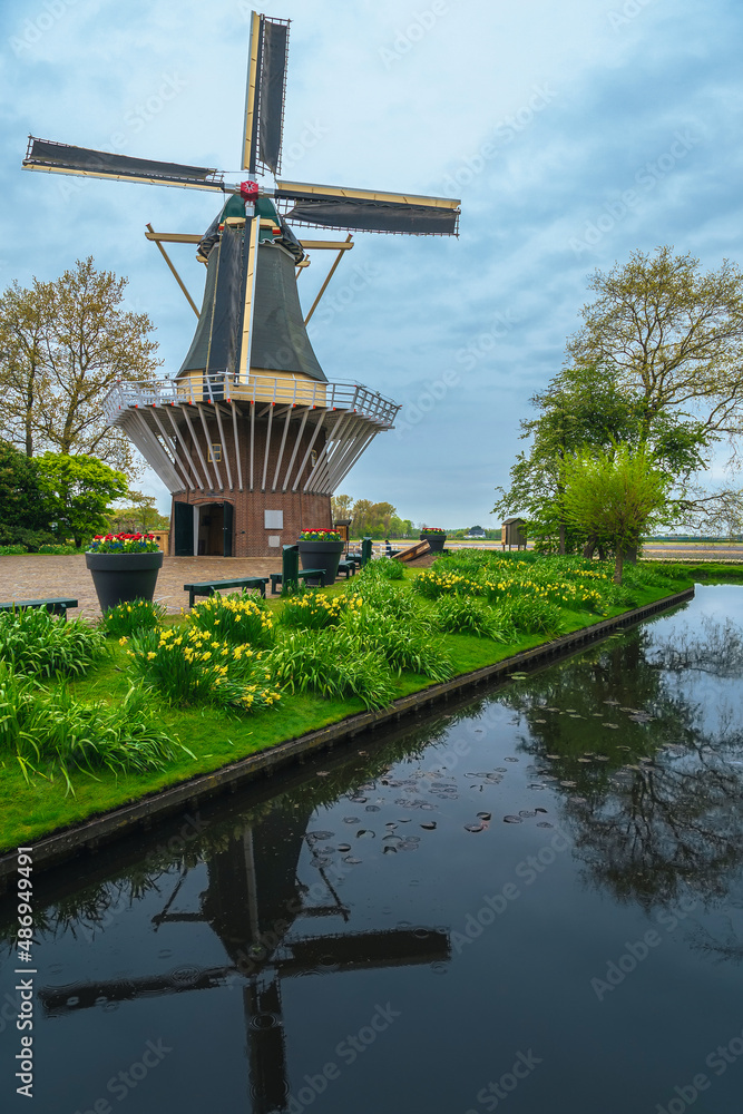 荷兰海滨的古老木制风车美景