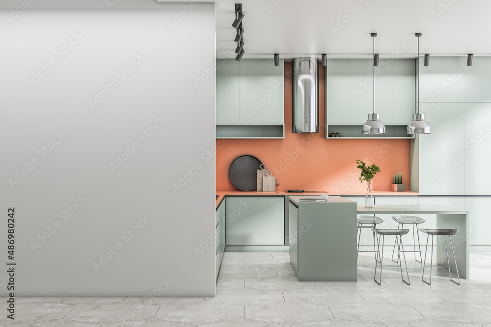 Modern concrete kitchen interior with empty white mock up place, daylight, furniture and island. Des