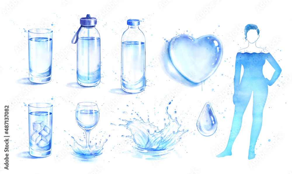 Watercolor set of water balance hydration concept