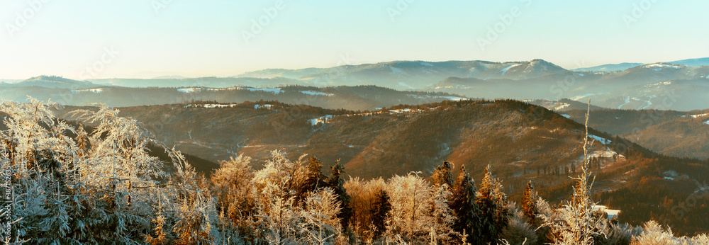Early morning winter mountain panorama landscape