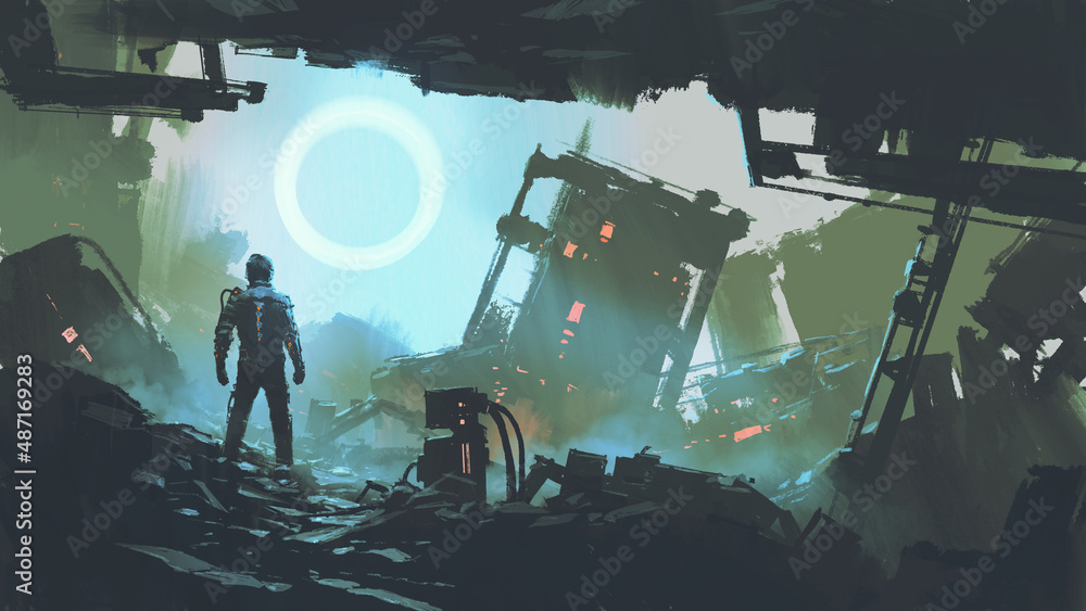 A dystopian scene showing a futuristic man stands in the ruined city, digital art style, illustratio