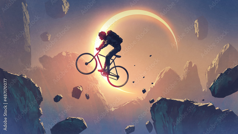 一名骑自行车的人带着日食穿越悬崖，数字艺术风格，插图绘画