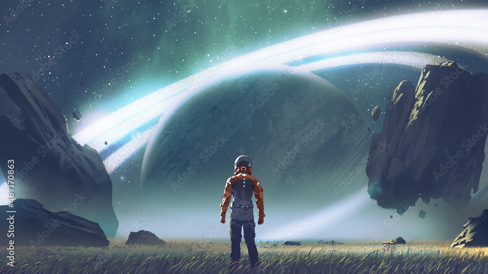 科幻场景显示，未来派男子站在田野中，用巨大的戒指看着地球，迪吉