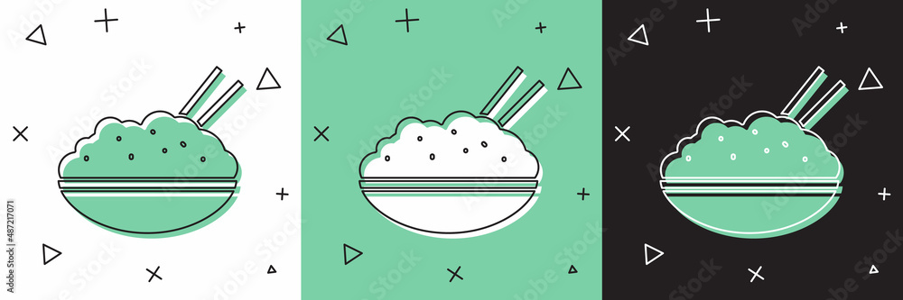 Set Rice in a bowl with chopstick icon isolated on white and green, black background. Traditional As