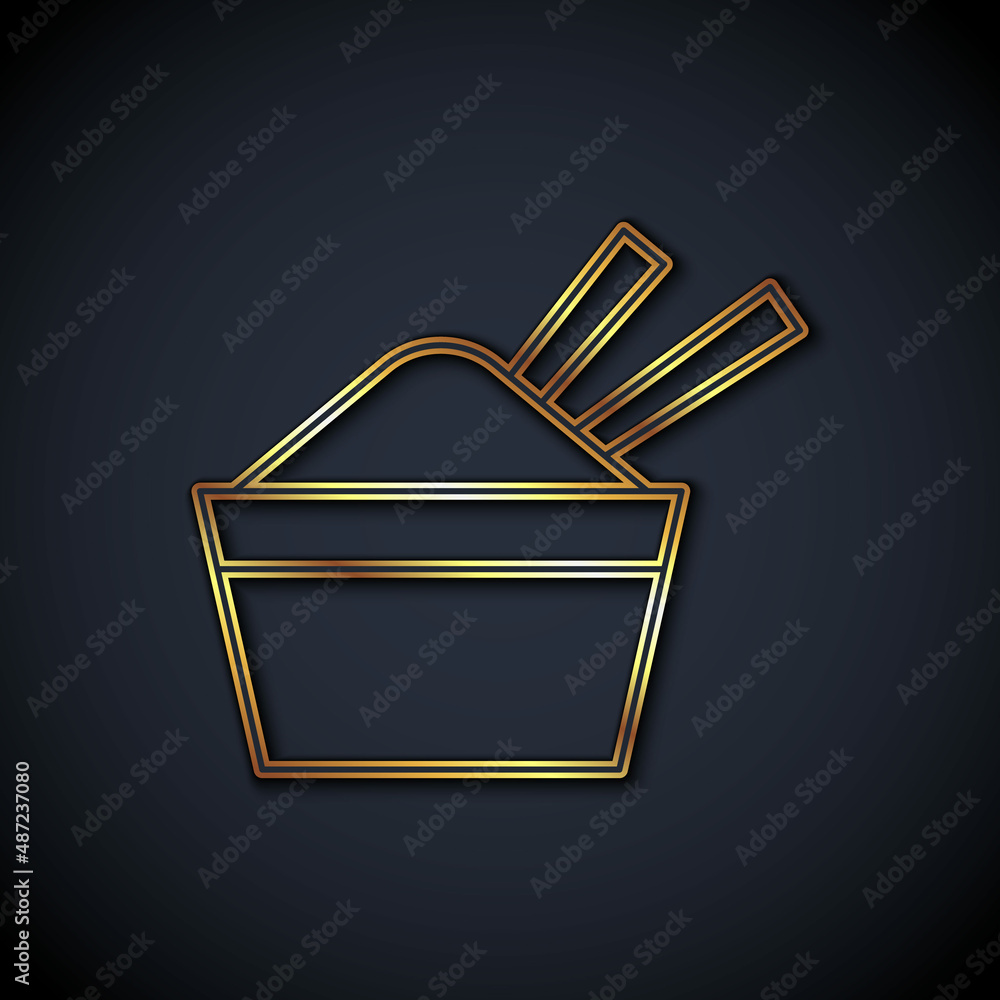 碗里的金线饭，黑色背景上有筷子图标。传统亚洲食物。V