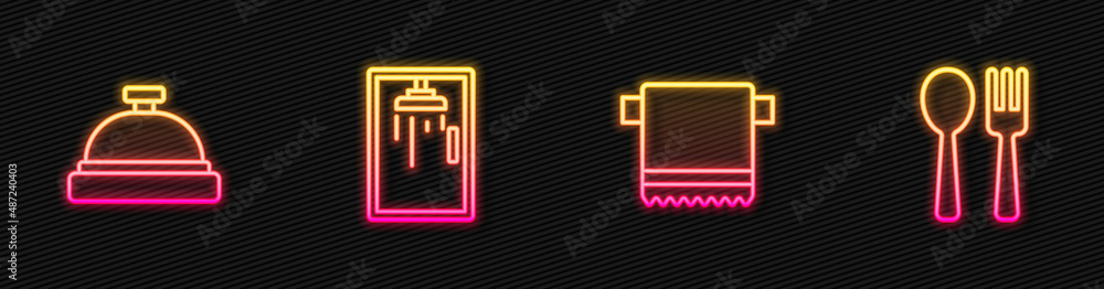 Set line Towel on hanger, Hotel service bell, Shower cabin and Fork and spoon. Glowing neon icon. Ve