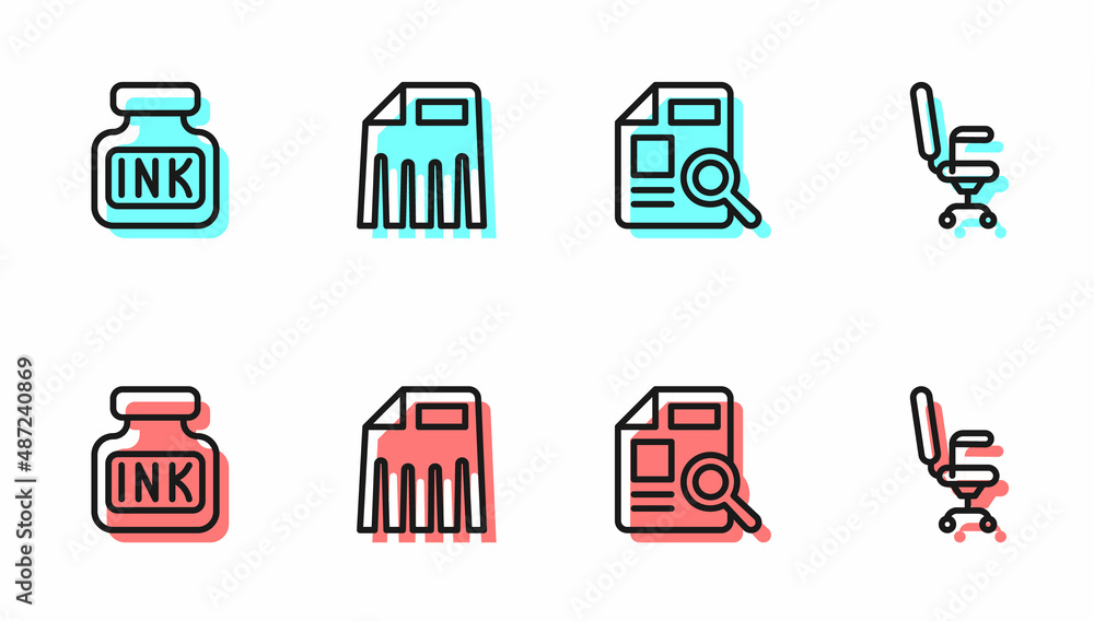 Set line Document with graph chart, Inkwell, Paper shredder and Office chair icon. Vector