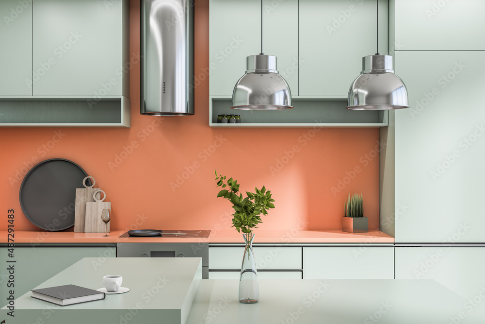现代混凝土厨房内部，配有日光、家具和岛。设计理念。3D渲染。