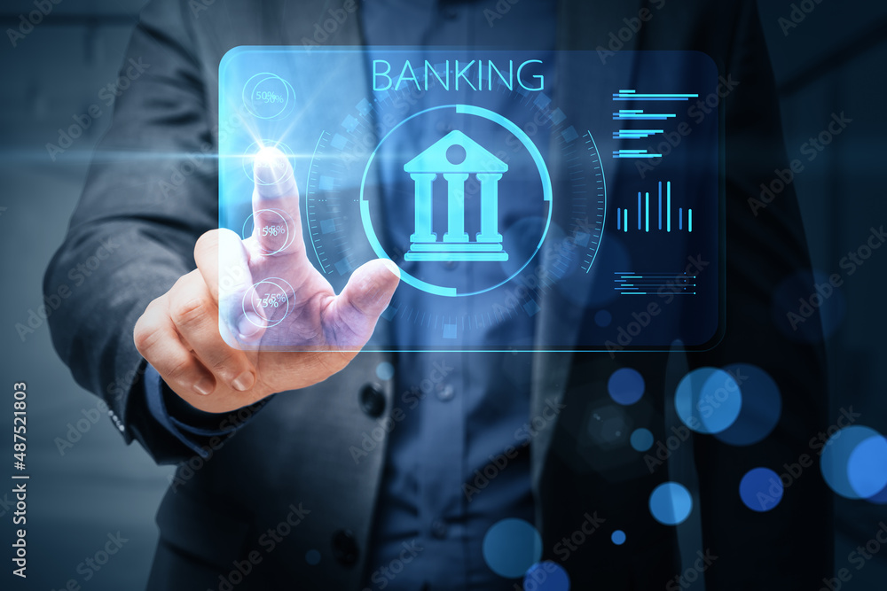 商人用手指着蓝色模糊背景下的创意网上银行全息图。人工智能和汽车