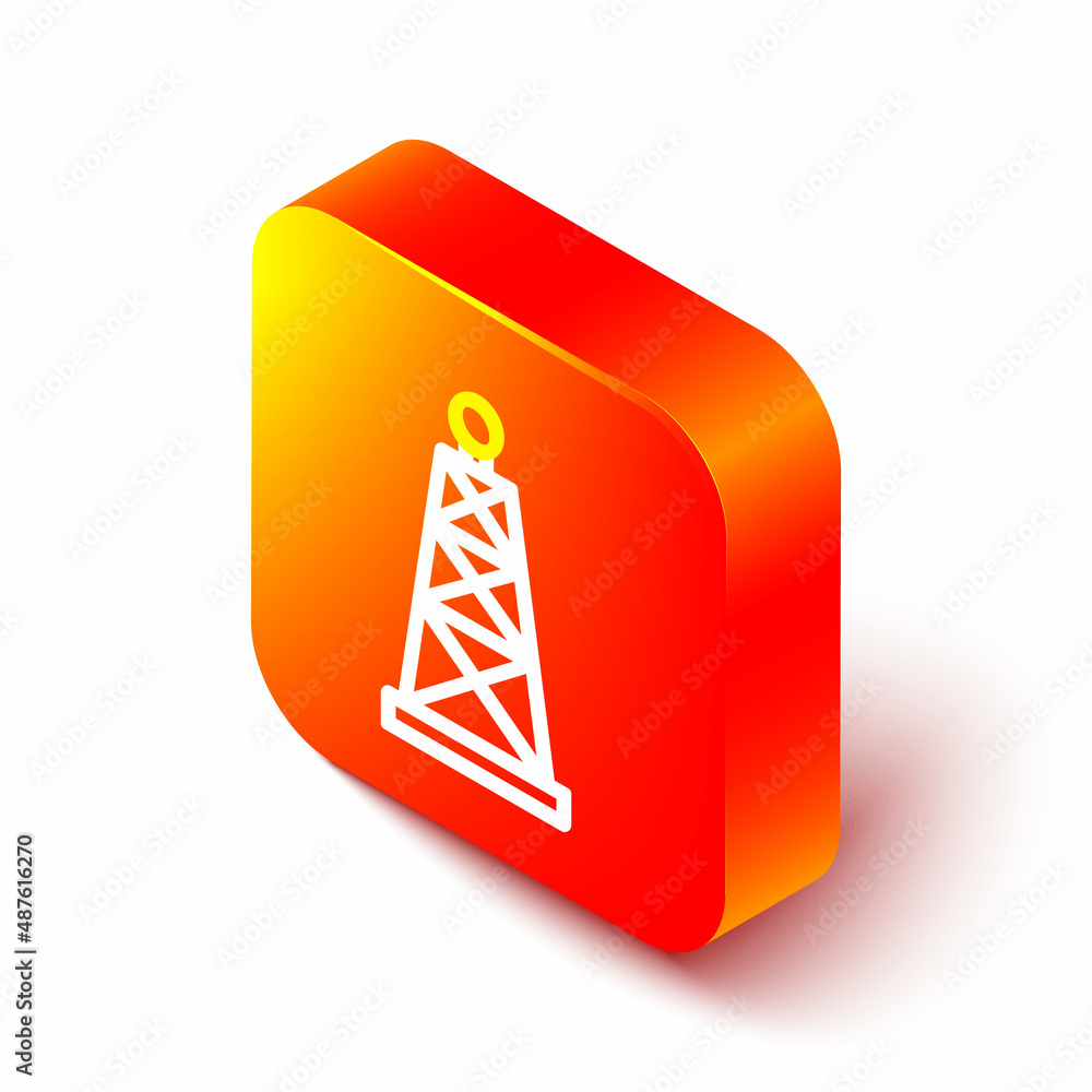 等距线白色背景上隔离的石油钻机图标。天然气塔。工业物体。橙色正方形