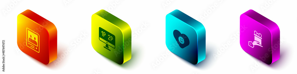 Set Isometric Family photo, Computer monitor screen, Good relationship and Give gift icon. Vector