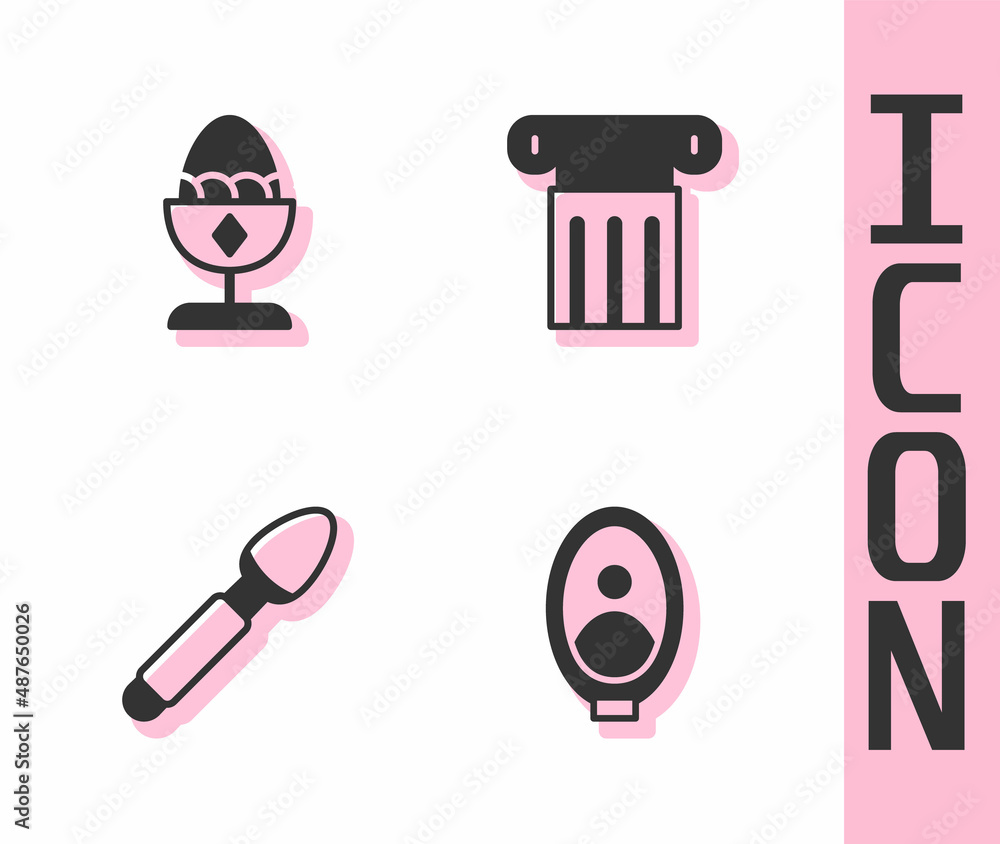 Set Portrait picture in museum, Chicken egg on stand, Silver spoon and Ancient column icon. Vector