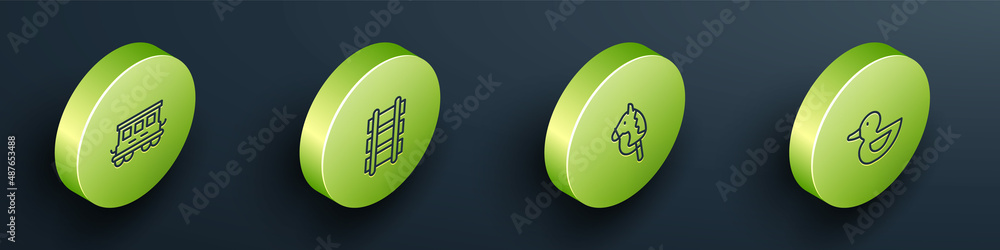 Set Isometric line Passenger train cars toy, Toy railway, horse and Rubber duck icon. Vector