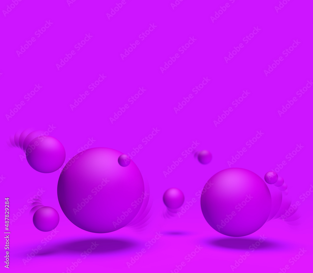 Fondo púrpura minimalista abstracto con bolas y espacio vacío.Ilustración 3d. Esferas rebotando en u