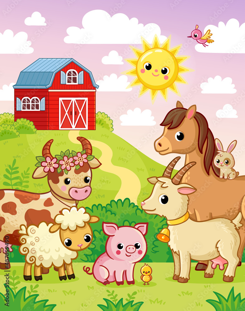农场动物集。农场可爱动物的矢量插图