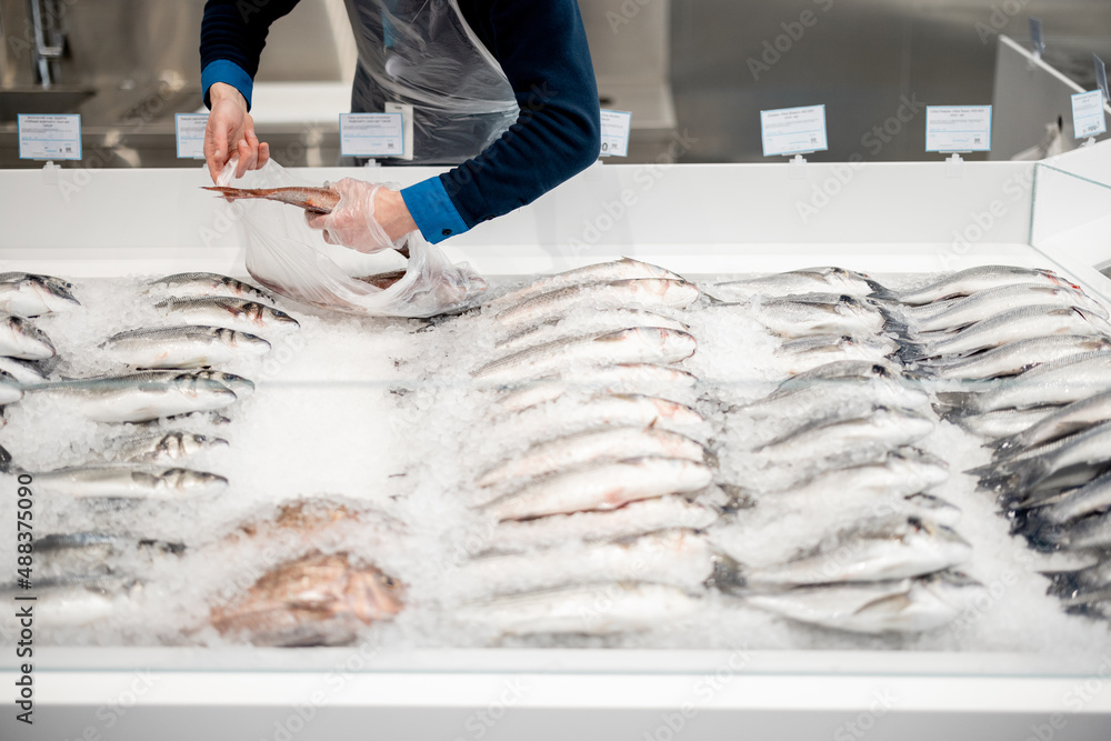 鱼贩在超市的冰柜台上摆鱼。从上面看，柜台上有各种各样的鱼