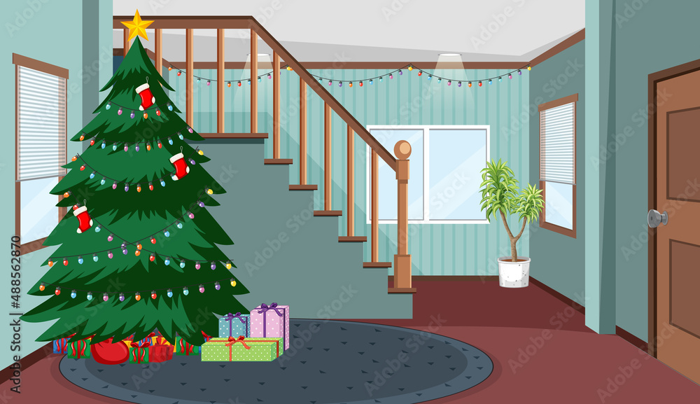 Empty room with Christmas tree and presents