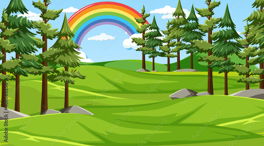 Nature forest scene with rainbow in the sky