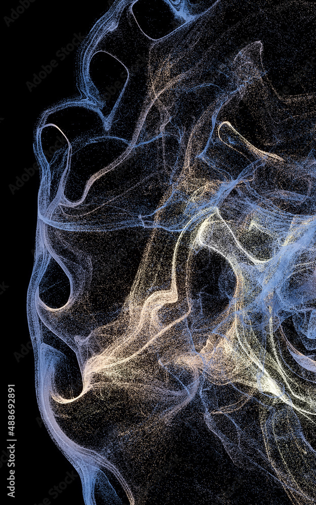 Flowing particles, wave pattern background, 3d rendering.