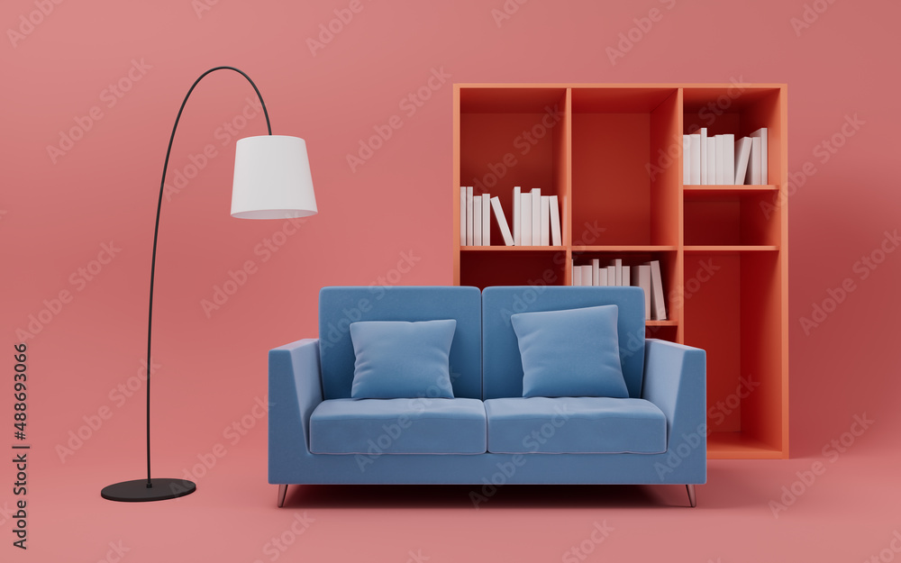 粉色背景的沙发，三维渲染。