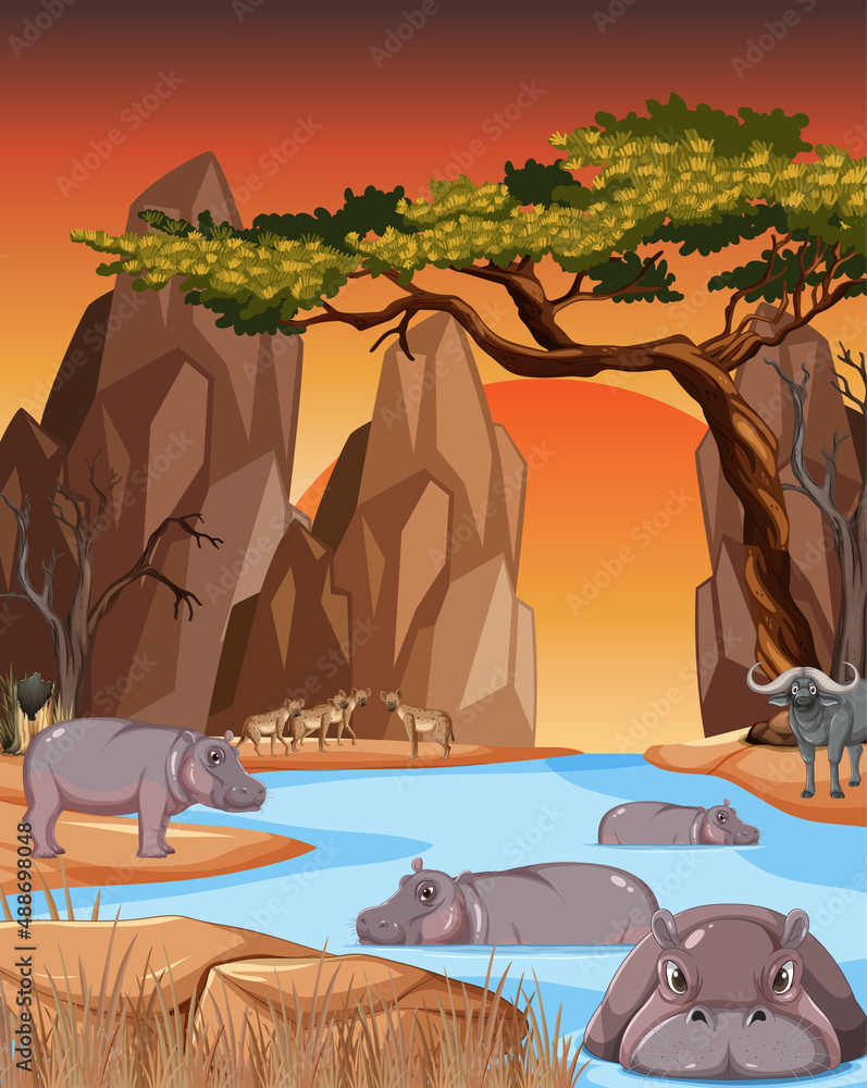 Tropical forest scene with hippopotamus