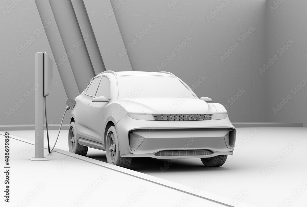 通用电动SUV在路边充电站充电的粘土模型渲染。ima 3D渲染