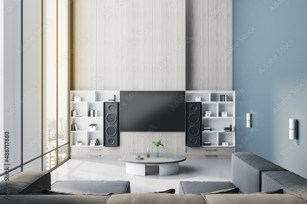 现代客厅内部，配有空的模拟电视屏幕和立体声设备、家具和全景cit