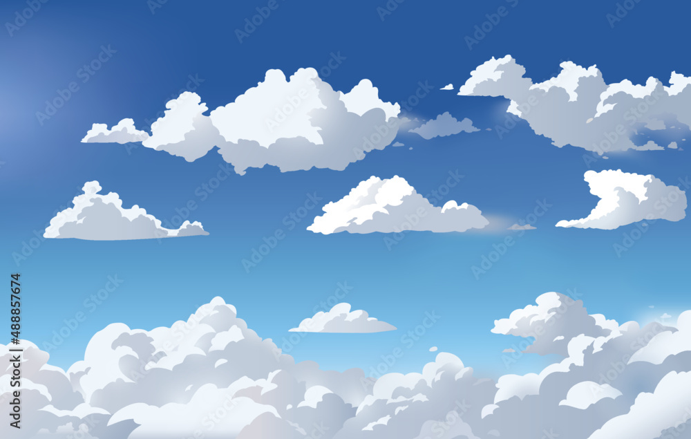 矢量蓝天和云朵。动漫干净风格。背景设计