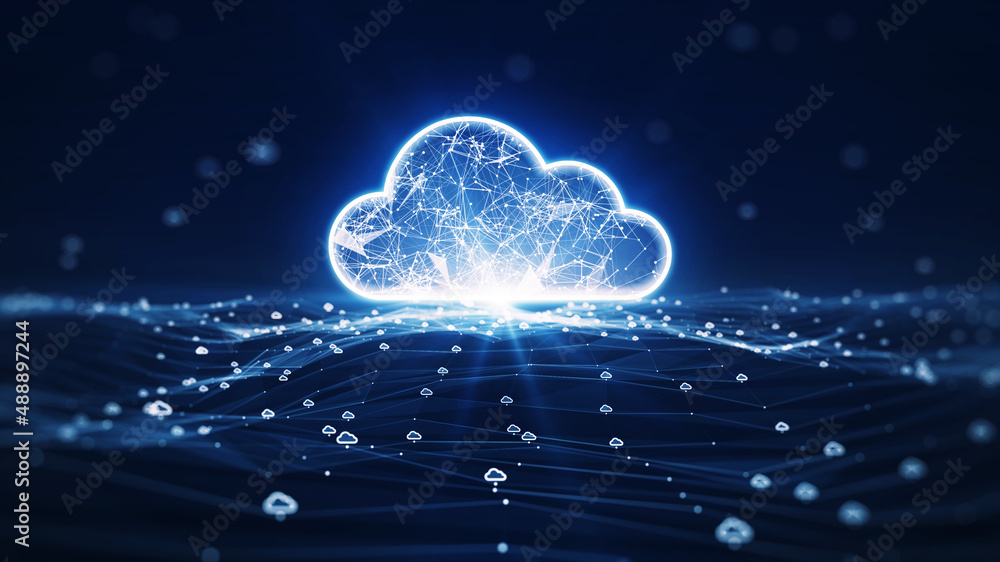 云计算技术概念将数据库转移到云。有一个突出的大型云图标