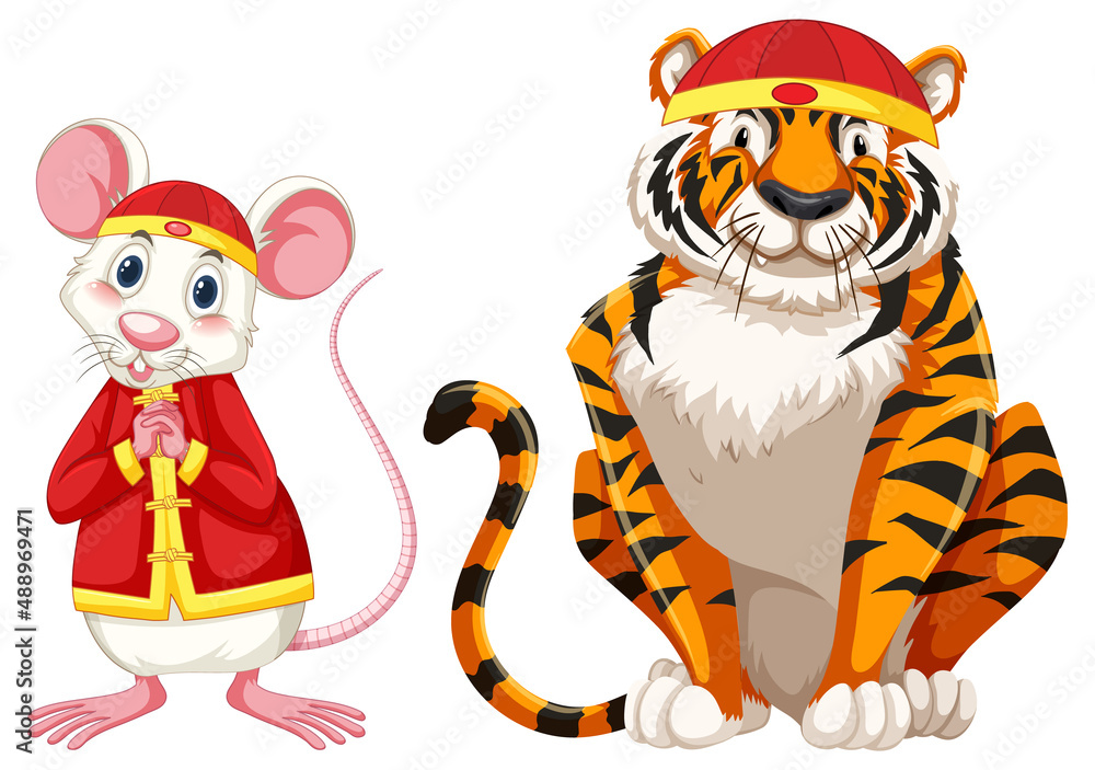 戴中国帽子的白鼠和老虎