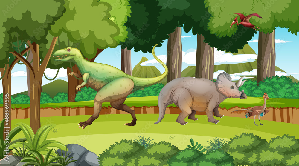 史前森林场景中的恐龙