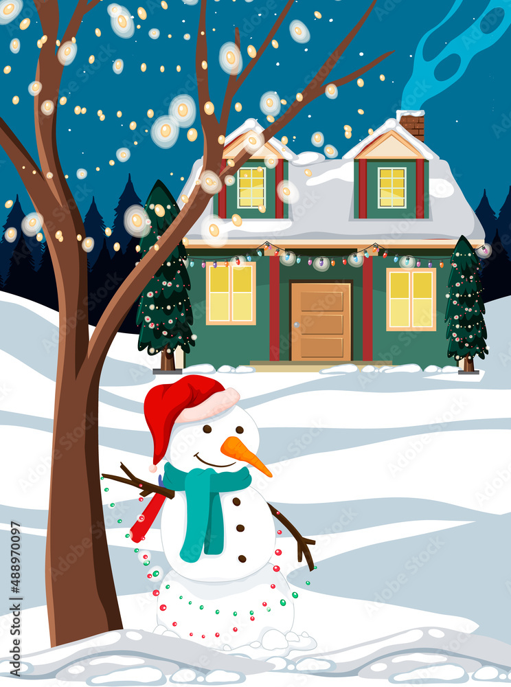 冬夜户外场景，雪人和装饰的圣诞屋