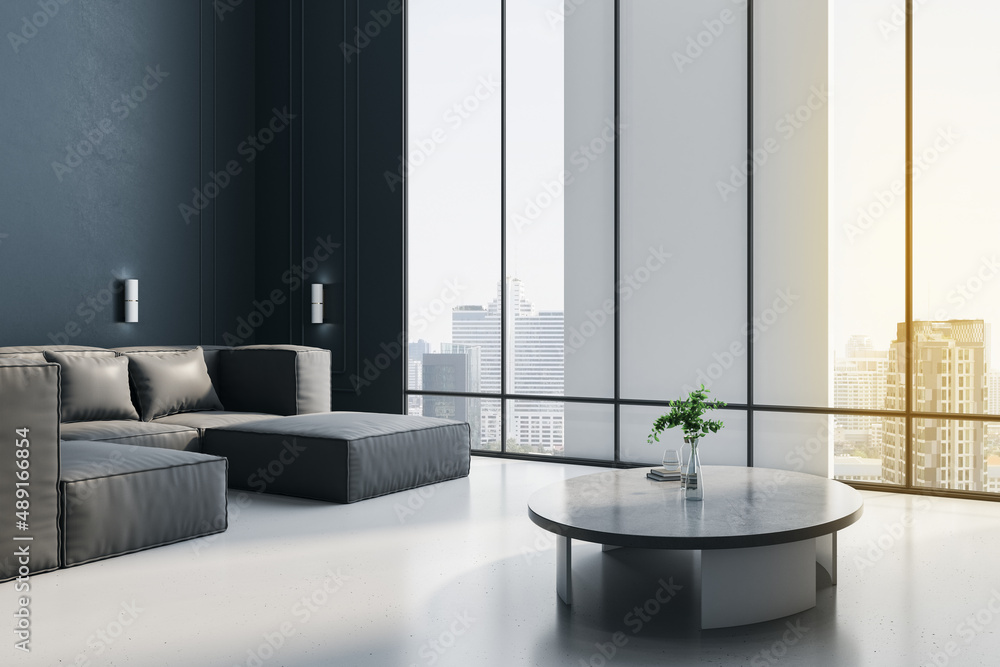 带家具的现代客厅内部，日光下的城市全景。3D渲染