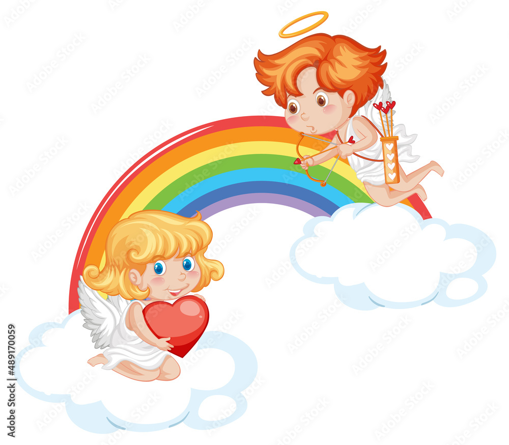 彩虹云上的天使男孩和女孩