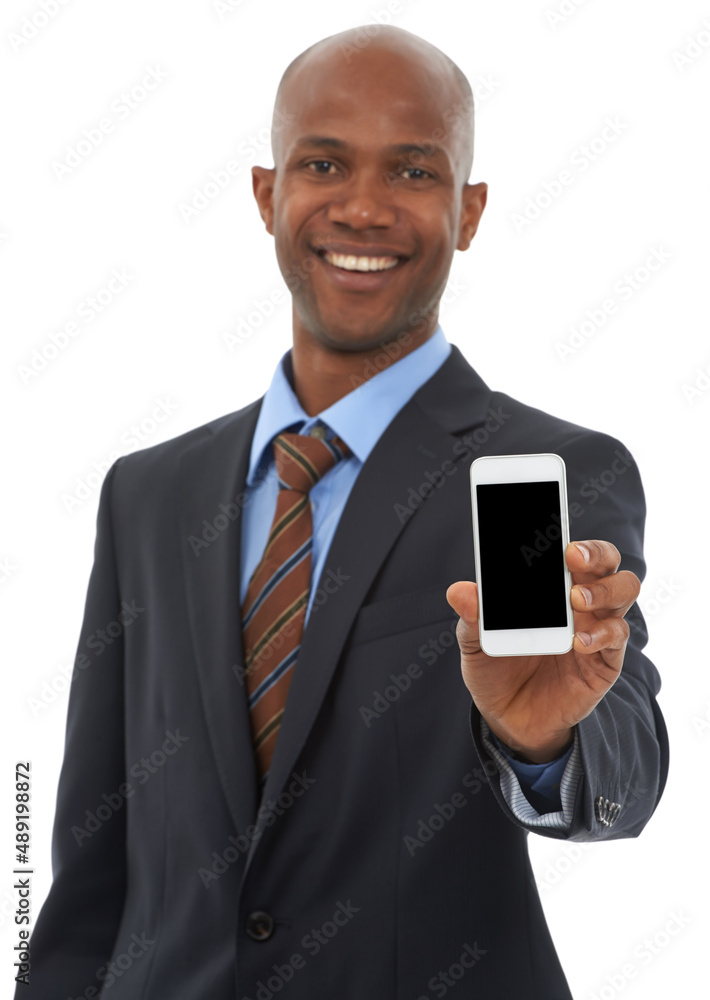 Stay in touch with the latest mobile technology. An African-American businessman holding a cellphone