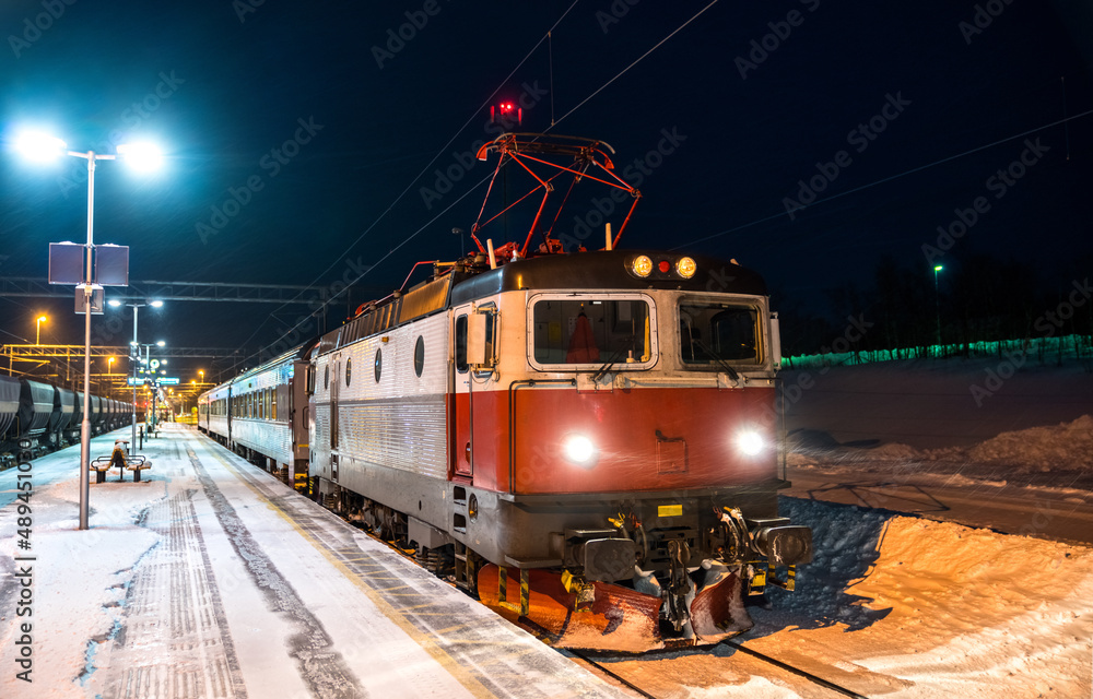 Passenger train at Abisko Ostra Railway Station in Swedish Lapland
