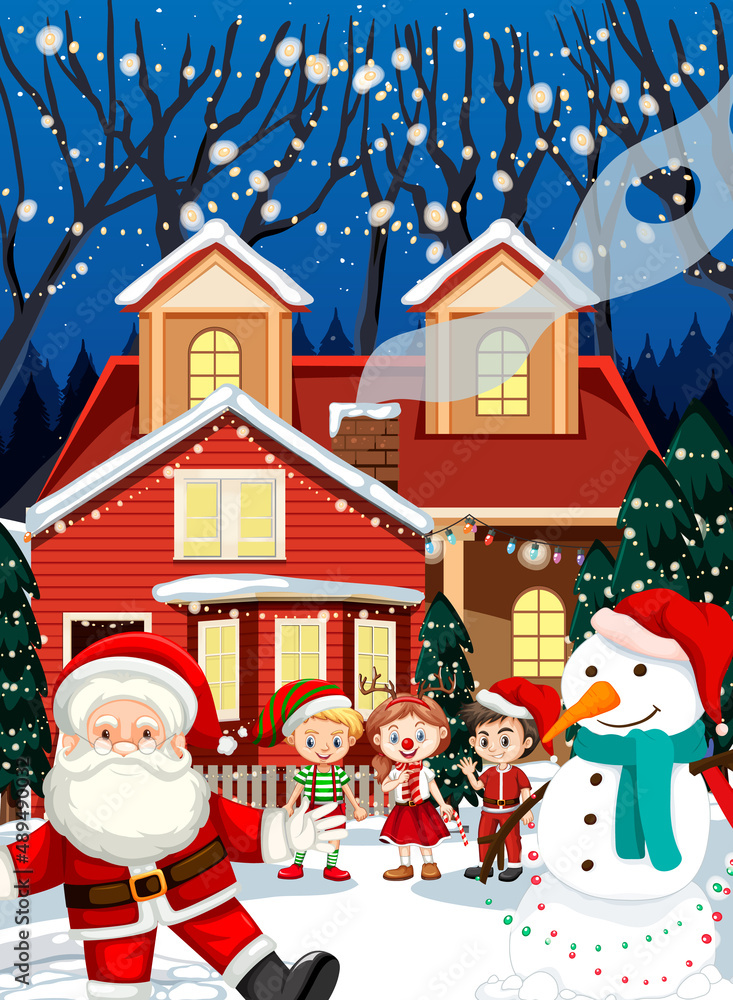 Christmas winter scene with Santa Claus and children