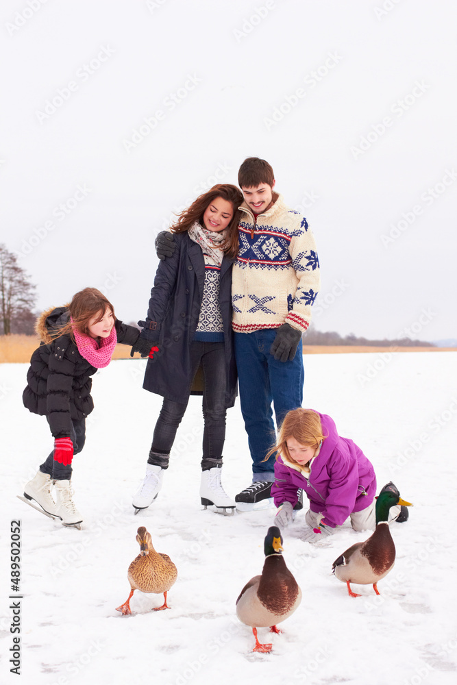 一次冬季郊游。一对幸福的夫妇和他们的孩子在一个清爽的冬日里与鹅玩耍。