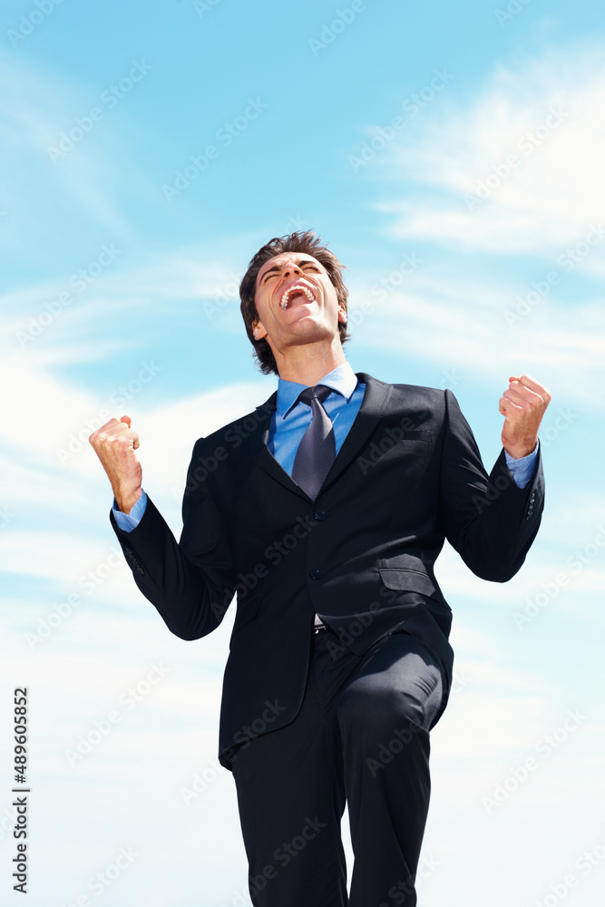 Victory- Successful business man with clenched fist against sky. Victory - Successful young business